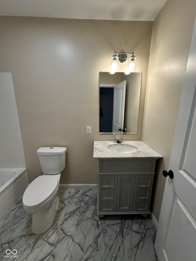 full bathroom featuring marble look tiles, vanity, baseboards, and toilet