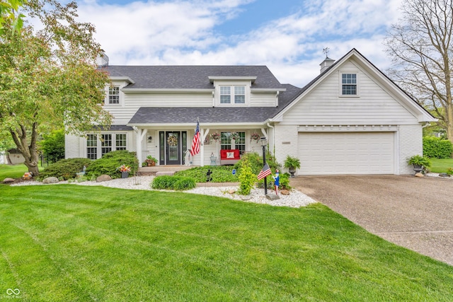 traditional home featuring concrete driveway, roof with shingles, a chimney, and a front lawn