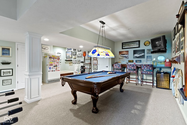 playroom with ornate columns, carpet floors, pool table, baseboards, and recessed lighting
