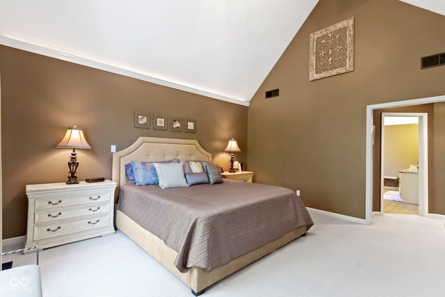 bedroom with carpet floors, high vaulted ceiling, and baseboards