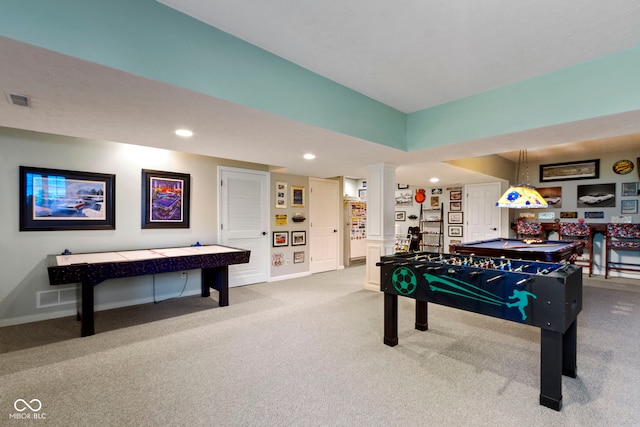 playroom featuring carpet floors, recessed lighting, ornate columns, and baseboards