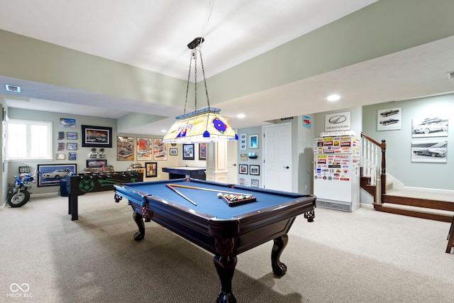 rec room with carpet, billiards, baseboards, and recessed lighting