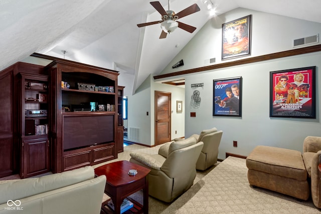 carpeted living room with ceiling fan, high vaulted ceiling, and baseboards
