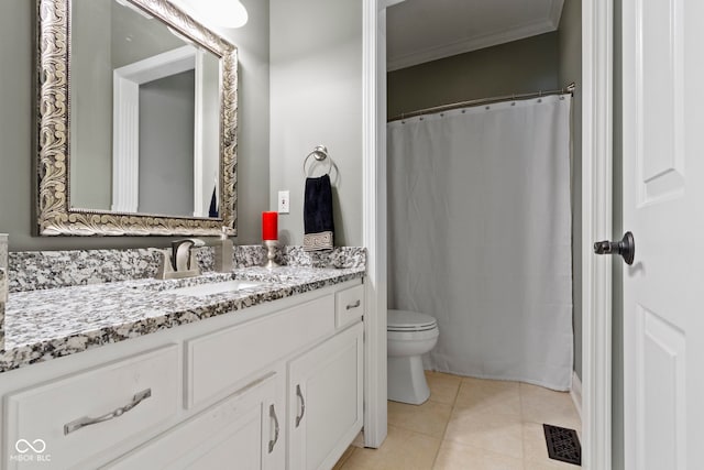full bath featuring vanity, tile patterned floors, toilet, and ornamental molding