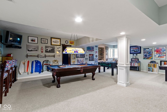game room featuring carpet floors, pool table, decorative columns, baseboards, and recessed lighting