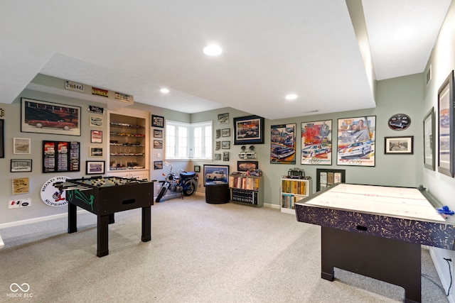 rec room featuring carpet flooring, baseboards, and recessed lighting
