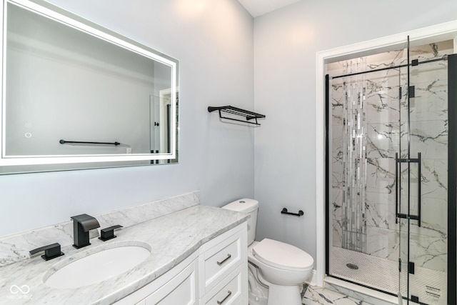full bathroom featuring a marble finish shower, toilet, marble look tiles, and vanity