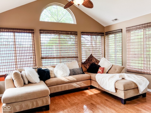 16657 Brownstone Ct, Westfield, IN 46074 - living room with wood finished floors, ceiling fan, and high vaulted ceiling