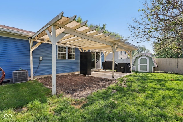 back of property with a storage shed, a pergola, cooling unit, a patio area, and an outdoor structure