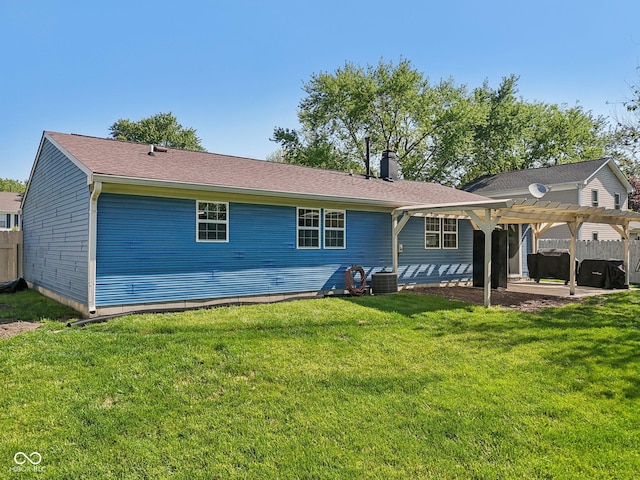 rear view of property with a pergola, a chimney, central AC, and a patio