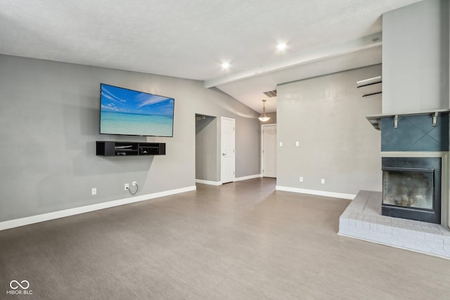 unfurnished living room with lofted ceiling, baseboards, and a brick fireplace