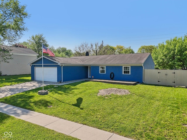 ranch-style house featuring driveway, an attached garage, a gate, a shingled roof, and stucco siding