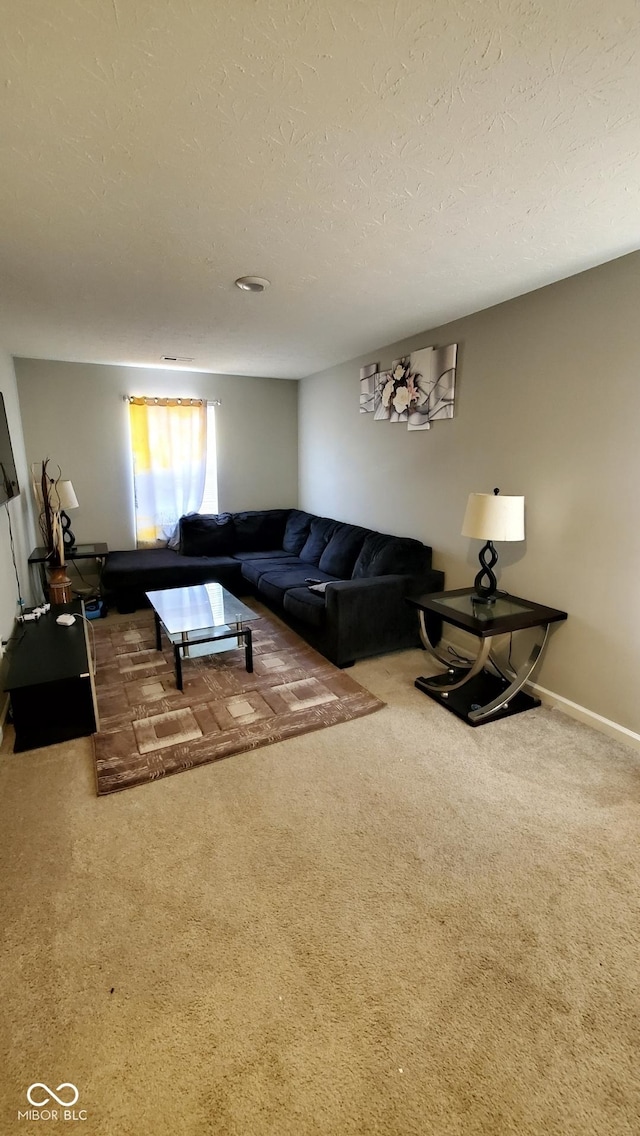carpeted living room featuring a textured ceiling