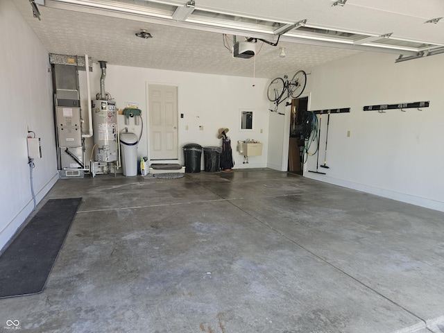 garage with gas water heater, a garage door opener, and heating unit