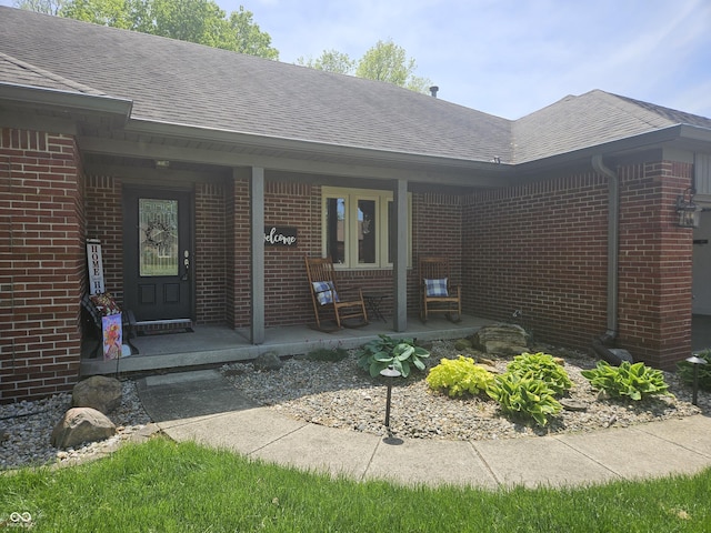 entrance to property with brick siding, a shingled roof, and covered porch