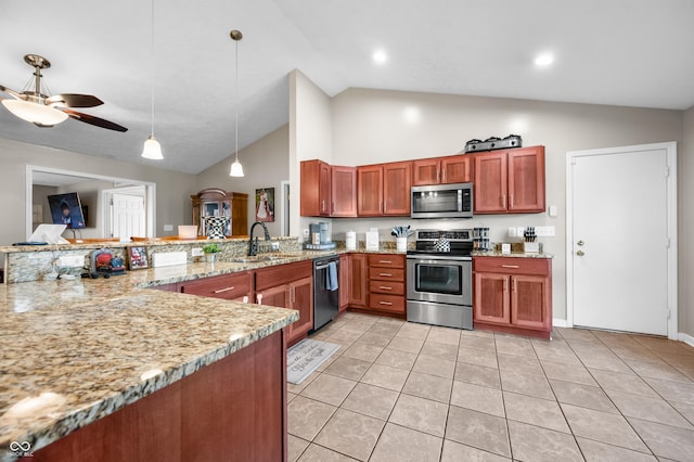 kitchen with appliances with stainless steel finishes, a sink, high vaulted ceiling, a ceiling fan, and decorative light fixtures