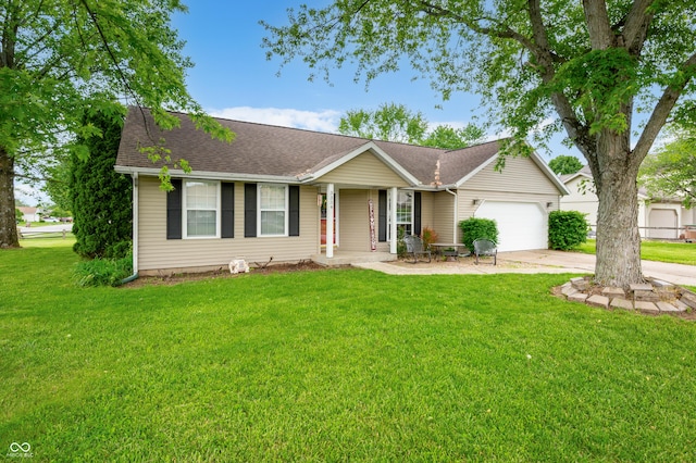 single story home with a garage, concrete driveway, a front lawn, a porch, and roof with shingles