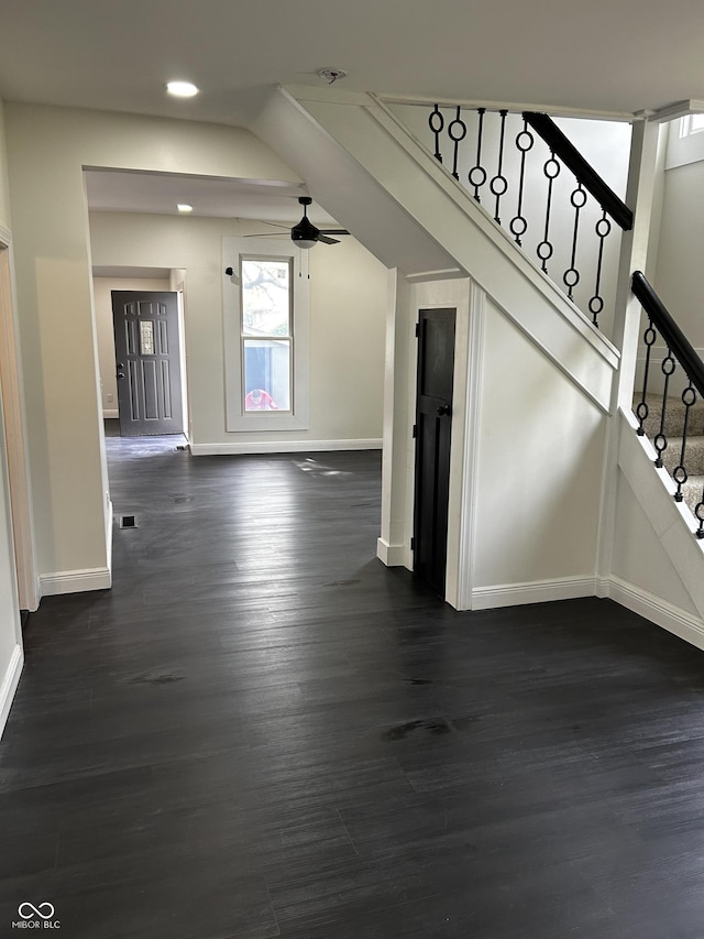 additional living space featuring dark wood finished floors, stairs, baseboards, recessed lighting, and ceiling fan