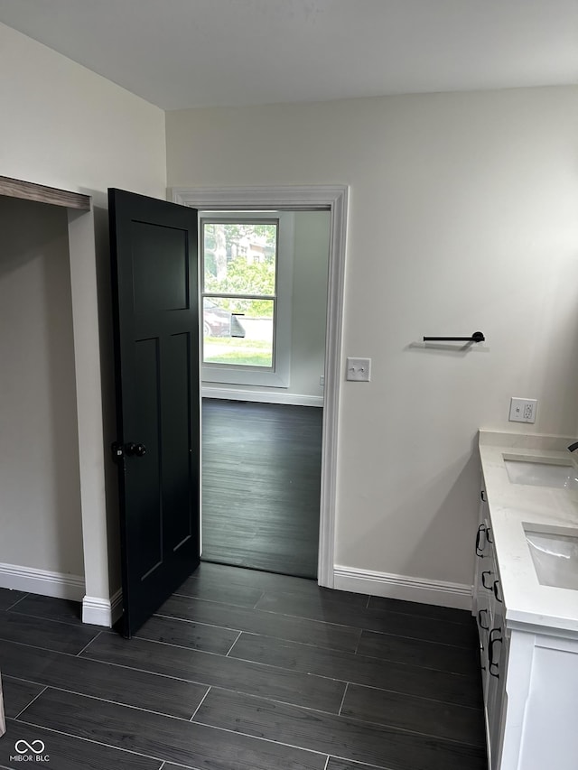 bathroom featuring wood tiled floors, baseboards, and double vanity