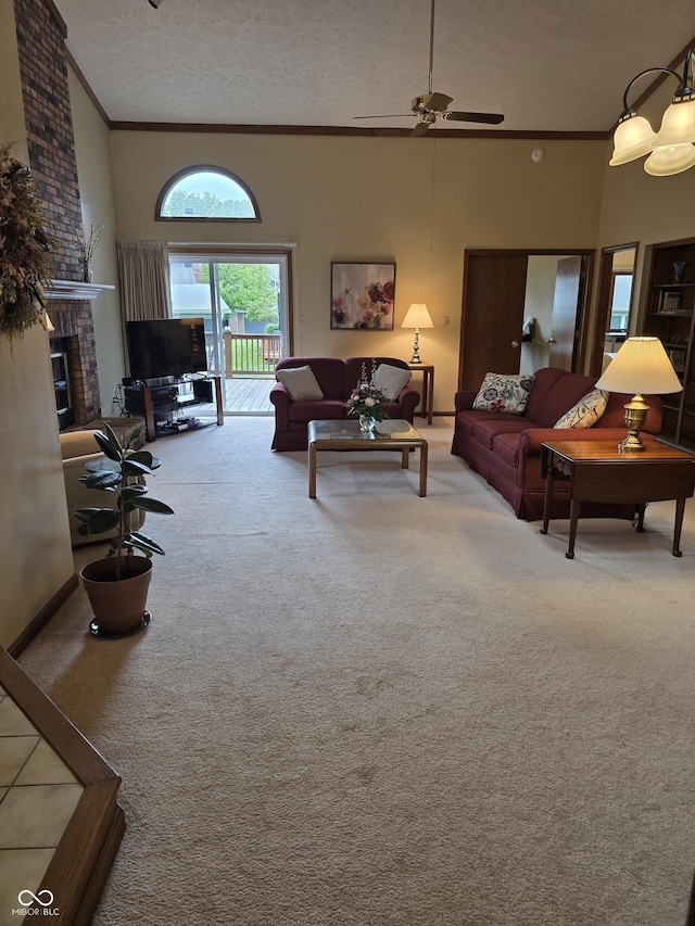8055 Foxchase Dr, Indianapolis, IN 46256 - carpeted living room with ornamental molding, a ceiling fan, a textured ceiling, a towering ceiling, and a fireplace