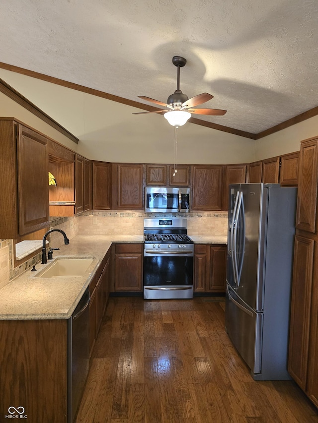 8055 Foxchase Dr, Indianapolis, IN 46256 - kitchen with stainless steel appliances, lofted ceiling, backsplash, open shelves, and ceiling fan