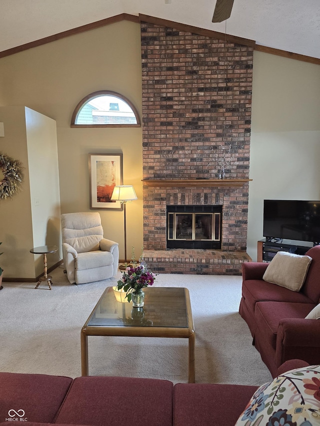 8055 Foxchase Dr, Indianapolis, IN 46256 - carpeted living area featuring vaulted ceiling, a brick fireplace, and ceiling fan