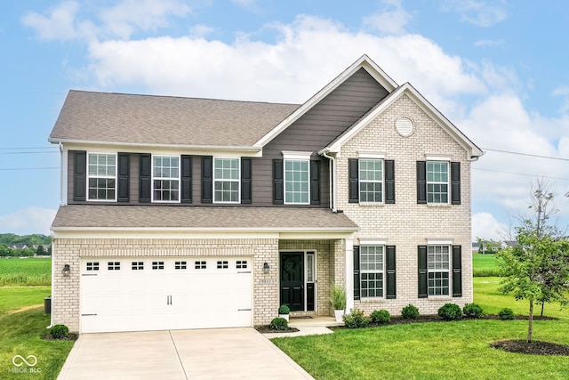 9860 Gallop Ln, Fishers, IN 46040 - view of front facade with driveway, a front lawn, brick siding, a garage, and a shingled roof