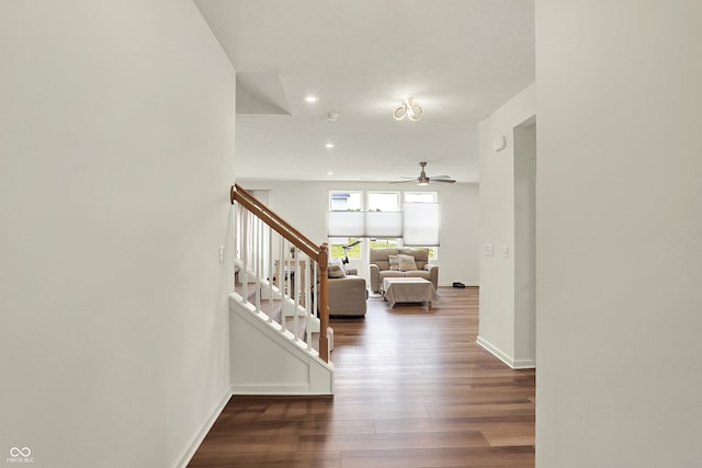 5366 Laurel Crest Run, Noblesville, IN 46062 - hall featuring wood finished floors, recessed lighting, stairway, and baseboards
