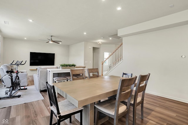 5366 Laurel Crest Run, Noblesville, IN 46062 - dining room with wood finished floors, recessed lighting, stairs, a ceiling fan, and baseboards