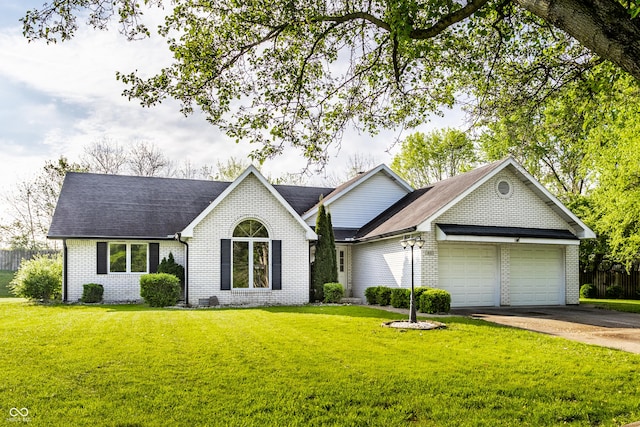 51 Glasgow Ln, Noblesville, IN 46060 - ranch-style home with brick siding, an attached garage, a front lawn, concrete driveway, and a shingled roof