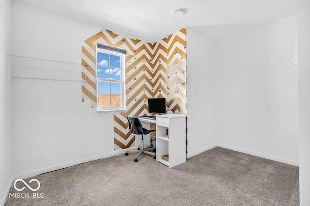 5256 Bramwell Ln, Whitestown, IN 46075 - carpeted office featuring an accent wall, wallpapered walls, and baseboards