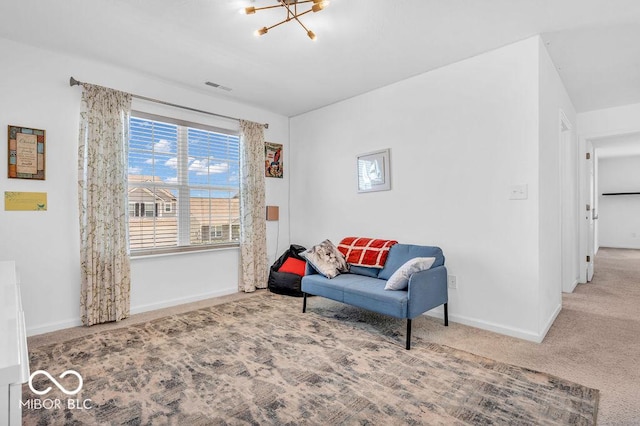 5256 Bramwell Ln, Whitestown, IN 46075 - living area featuring carpet flooring, a chandelier, and baseboards