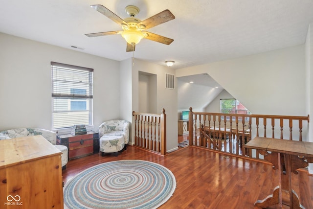13063 E 131st St, Fishers, IN 46037 - sitting room with ceiling fan, wood finished floors, an upstairs landing, and plenty of natural light