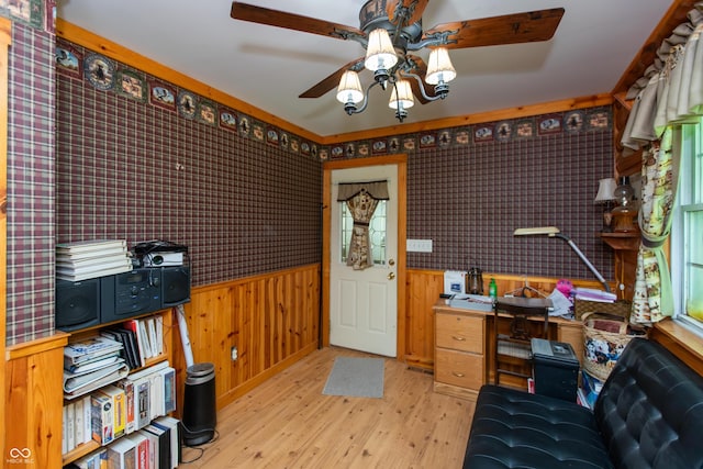 7730 Bear Creek Rd, Morgantown, IN 46160 - office area featuring ceiling fan, wood finished floors, a wainscoted wall, and wooden walls