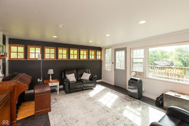 7730 Bear Creek Rd, Morgantown, IN 46160 - living room with baseboards, recessed lighting, plenty of natural light, and dark carpet