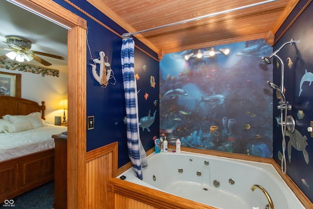 7730 Bear Creek Rd, Morgantown, IN 46160 - ensuite bathroom with wooden ceiling, ceiling fan, and a combined bath / shower with jetted tub