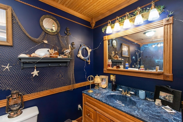 7730 Bear Creek Rd, Morgantown, IN 46160 - bathroom with wooden ceiling, toilet, ornamental molding, and vanity