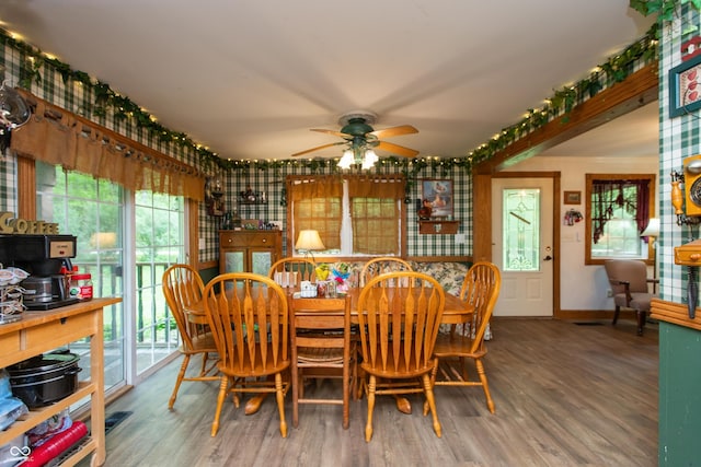 7730 Bear Creek Rd, Morgantown, IN 46160 - dining area featuring ceiling fan, wood finished floors, and baseboards