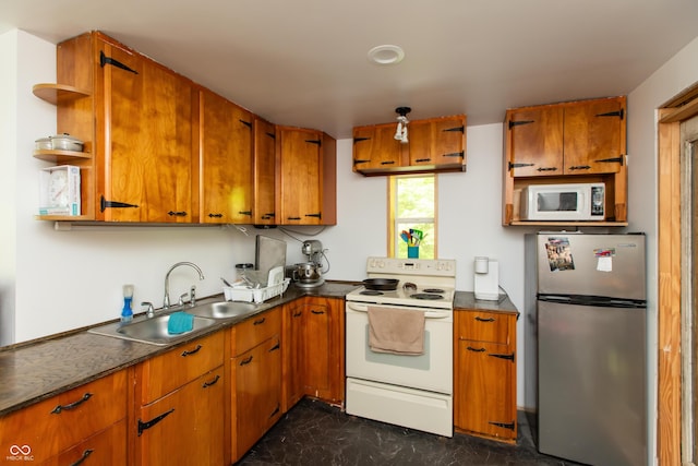 7730 Bear Creek Rd, Morgantown, IN 46160 - kitchen with white appliances, a sink, open shelves, and brown cabinets