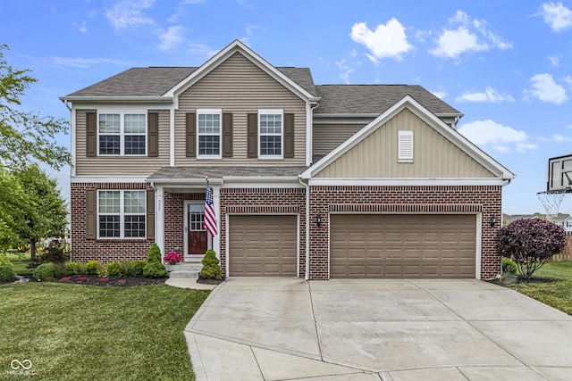 952 Workington Cir, Westfield, IN 46074 - view of front of property with brick siding, concrete driveway, a front yard, and roof with shingles