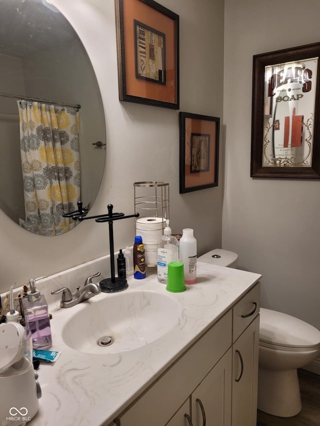 bathroom featuring vanity, toilet, and a shower with shower curtain
