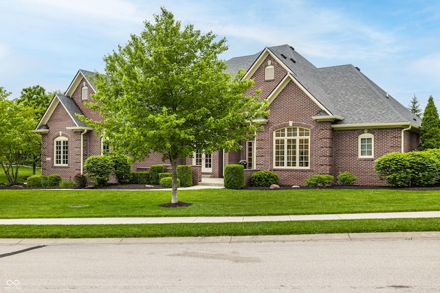 view of front of property with brick siding, a front lawn, and a shingled roof