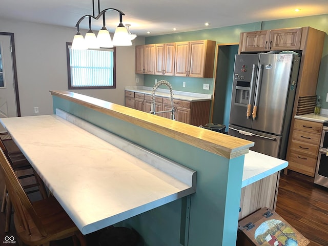 1216 N Cherry St, Rushville, IN 46173 - kitchen with stainless steel fridge with ice dispenser, dark wood finished floors, a breakfast bar, a sink, and recessed lighting