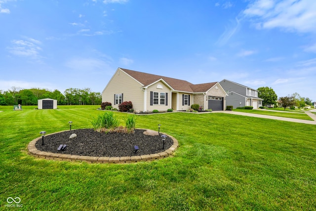 204 Oakview Dr, Mooresville, IN 46158 - view of front of home with a shed, a front lawn, concrete driveway, a garage, and an outbuilding