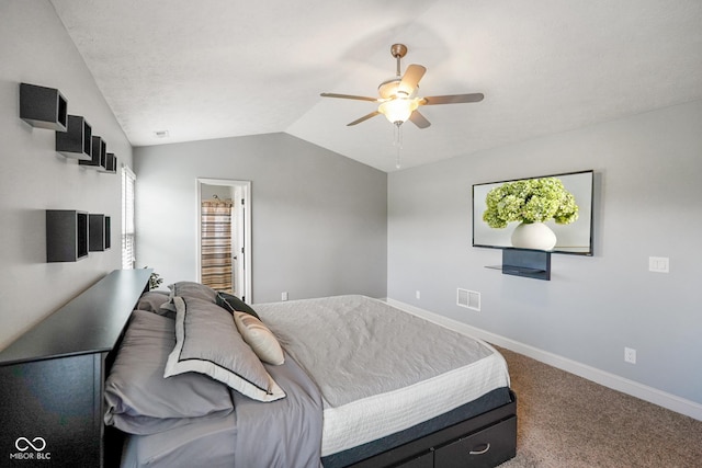 204 Oakview Dr, Mooresville, IN 46158 - bedroom with carpet flooring, baseboards, vaulted ceiling, and a ceiling fan