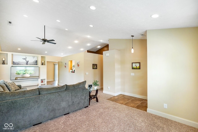 204 Oakview Dr, Mooresville, IN 46158 - tiled living room featuring carpet, vaulted ceiling, recessed lighting, ceiling fan, and baseboards