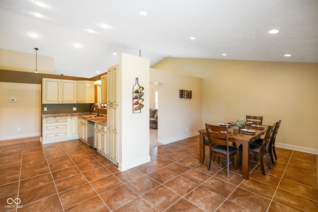 204 Oakview Dr, Mooresville, IN 46158 - dining area with lofted ceiling, dark tile patterned flooring, recessed lighting, and baseboards