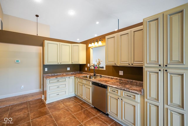 204 Oakview Dr, Mooresville, IN 46158 - kitchen with cream cabinets, a sink, dishwasher, baseboards, and dark stone counters