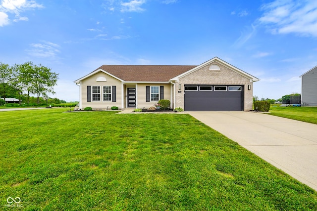 204 Oakview Dr, Mooresville, IN 46158 - ranch-style house with a garage, concrete driveway, a front yard, and brick siding