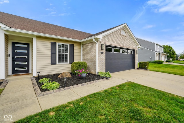 204 Oakview Dr, Mooresville, IN 46158 - single story home featuring a garage, a front yard, concrete driveway, brick siding, and roof with shingles